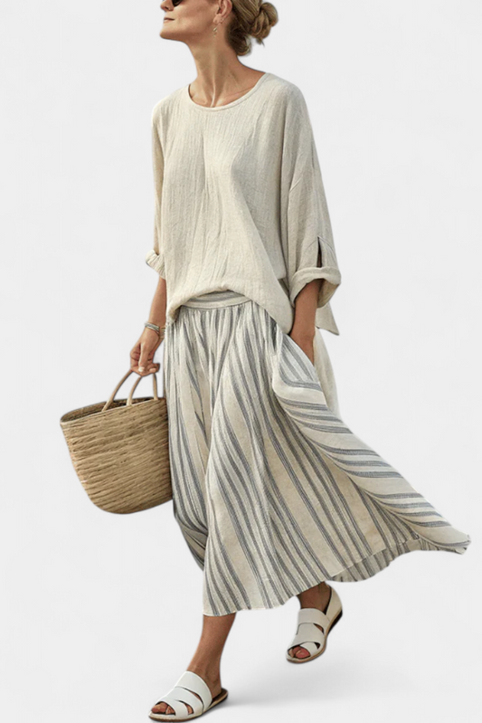 Eva Elegantní Komplet Oversize Halenka-Sukně Lněný