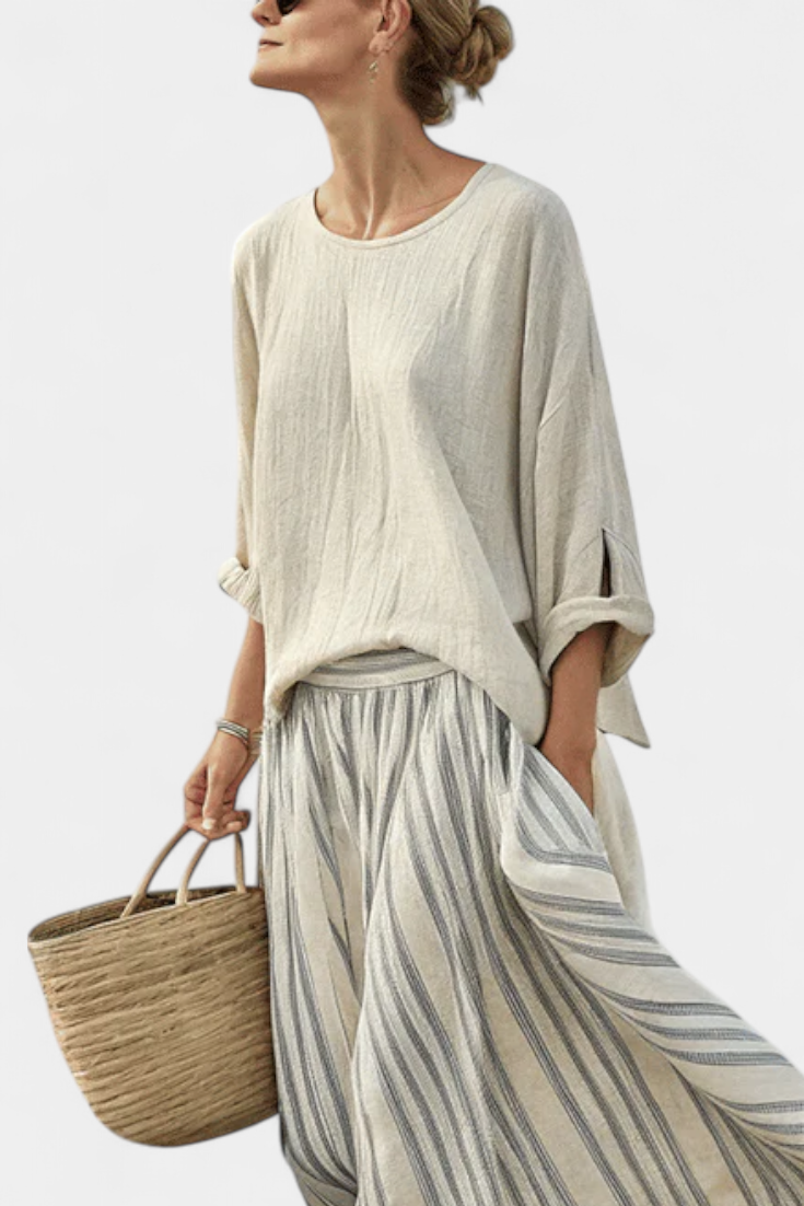 Eva Elegantní Komplet Oversize Halenka-Sukně Lněný