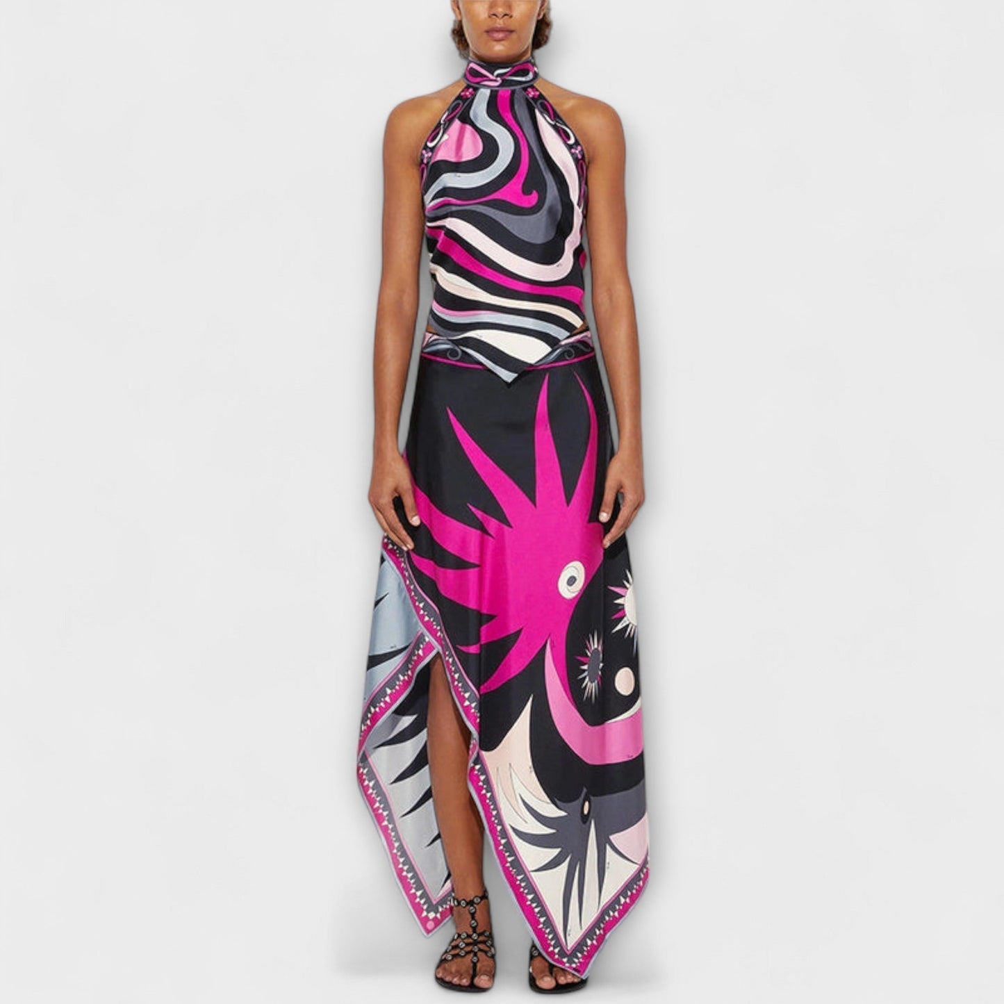 Everly - Sada halter topu a asymetrické midi sukně