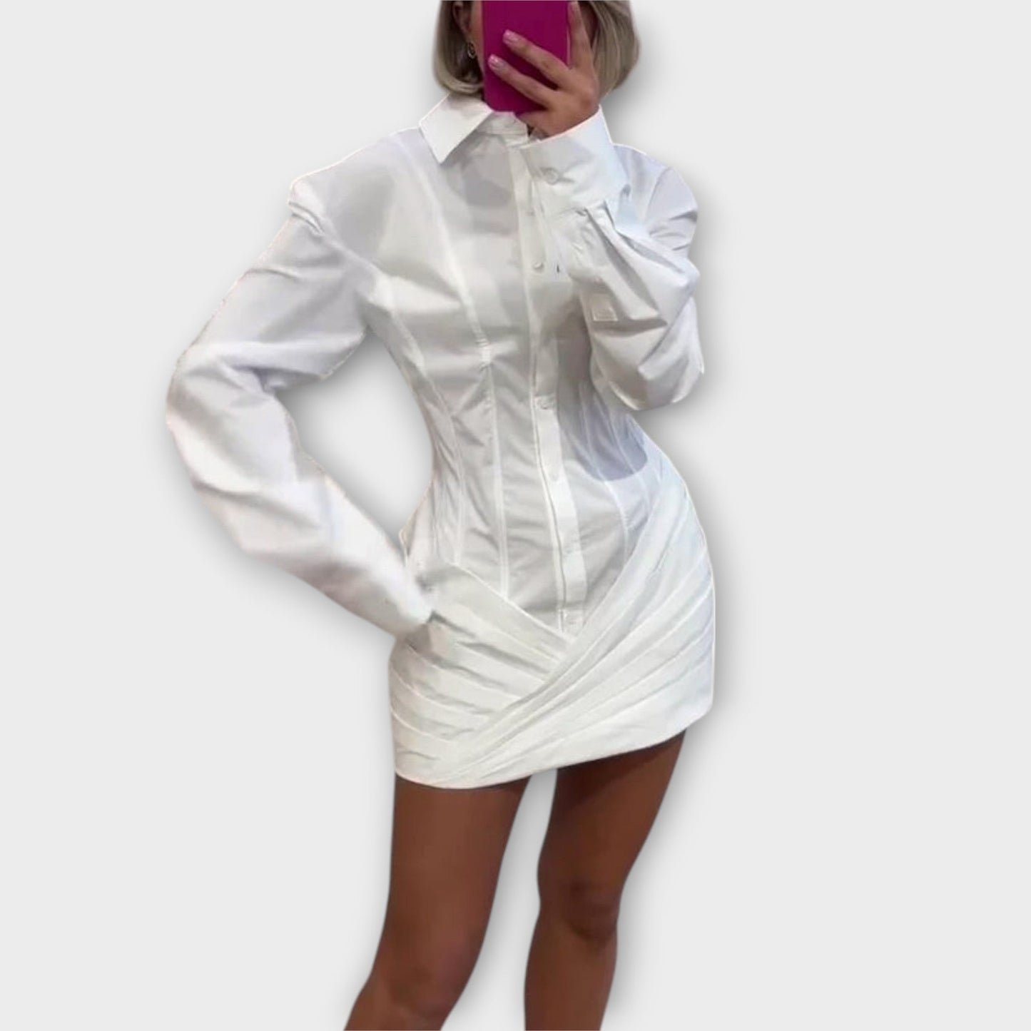 India - White pleated long-sleeved dress