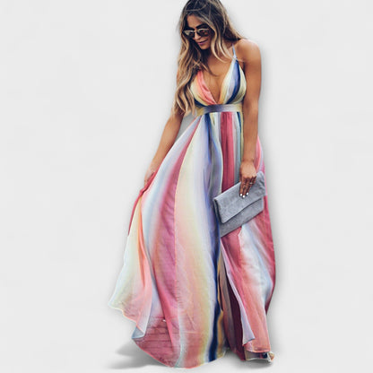 Multicolor Striped Women's V-neck Dress