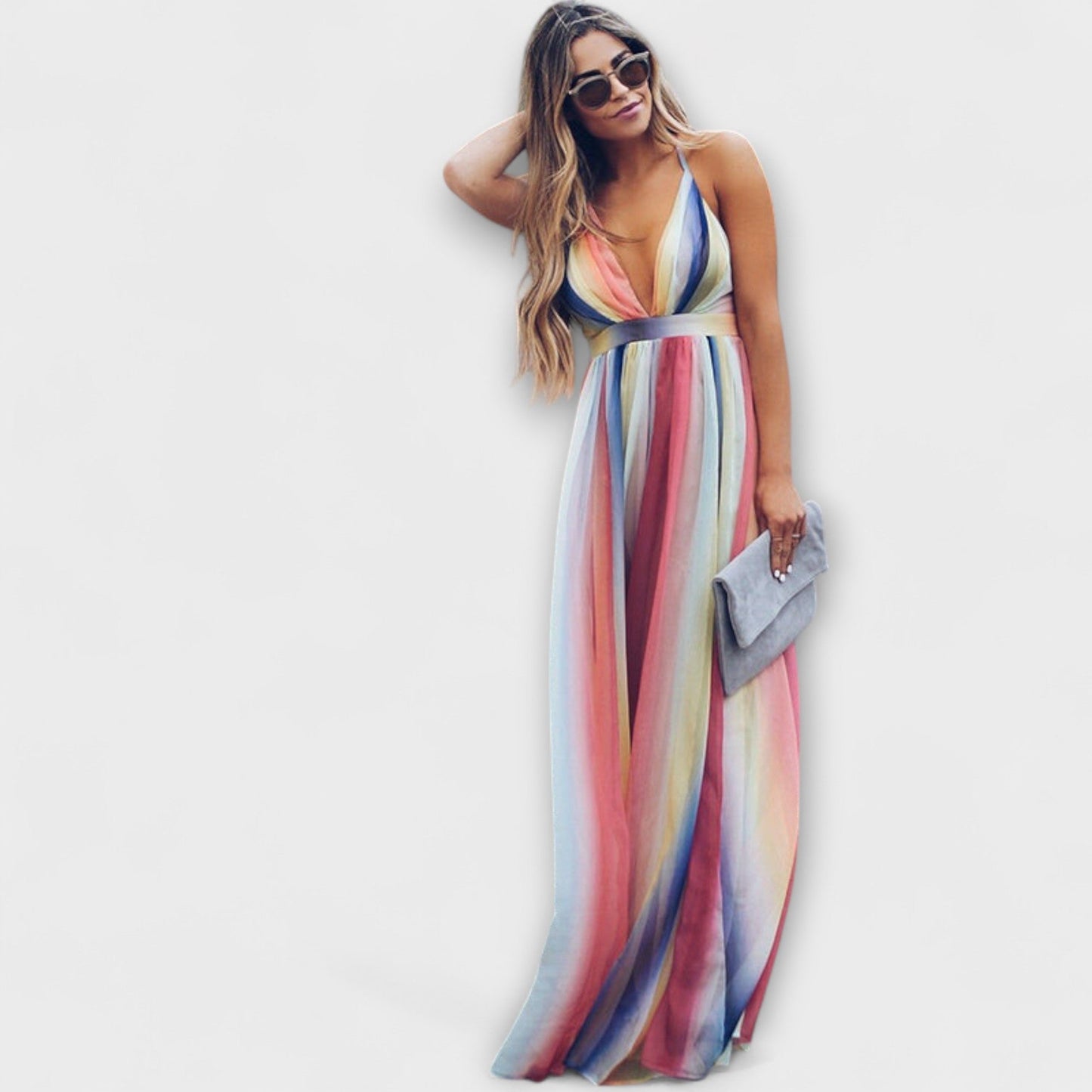 Multicolor Striped Women's V-neck Dress