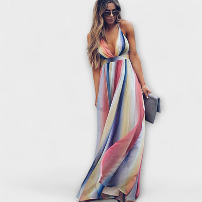 Multicolor Striped Women's V-neck Dress