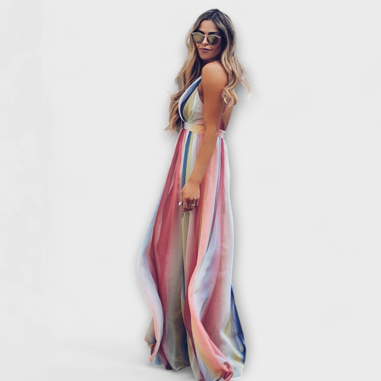 Multicolor Striped Women's V-neck Dress